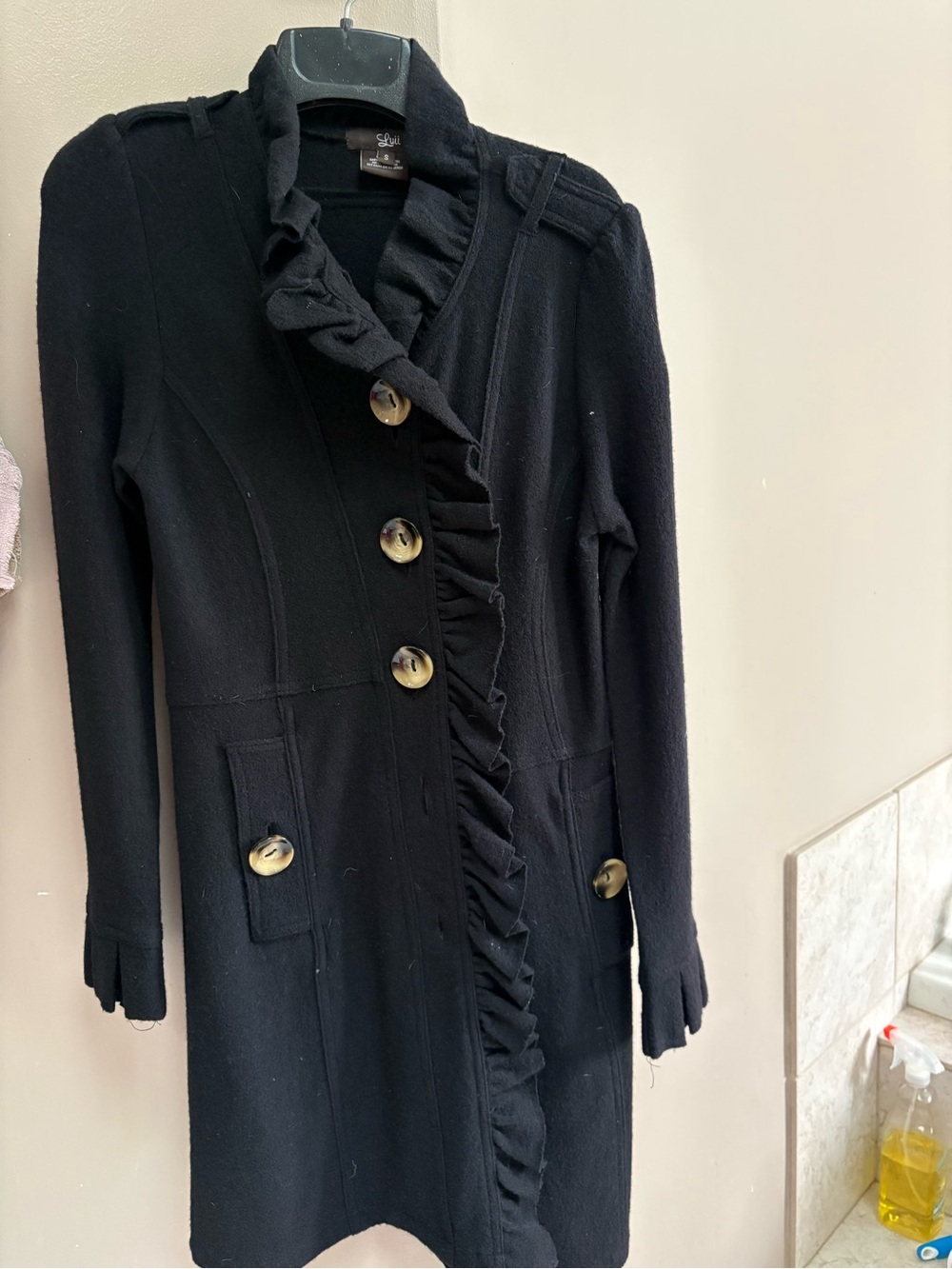 LUII black Ruffle-Front Button Coat